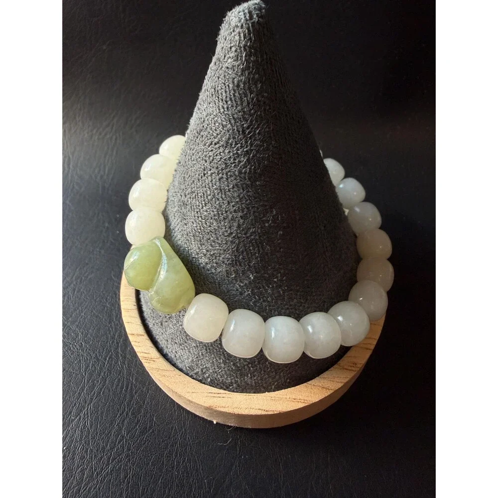 White Icy Jade Barrel Bracelet with Natural Green Jade Cat Charm Untreated Jade